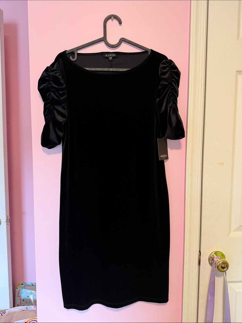 MARINA Black Velvet Midi Dress with Ruched Puff Sleeves